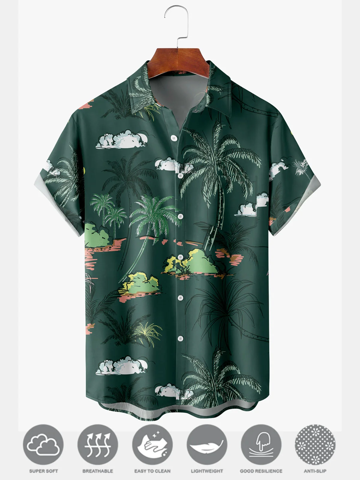 Men's Coconut Tree Print Moisture Wicking Fabric Trendy Lapel Short Sleeve Shirt