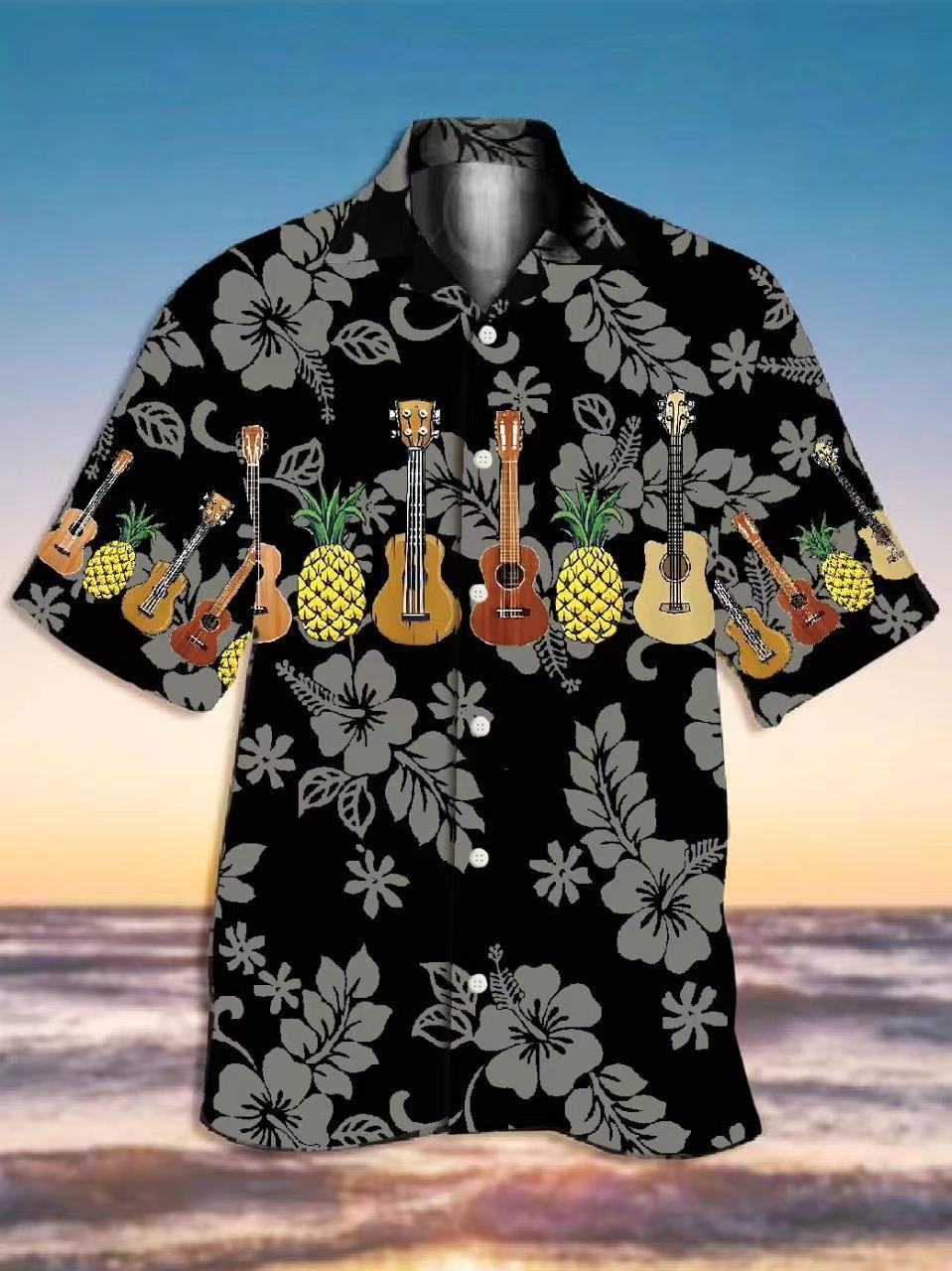 Men's Hawaiian Music Print Casual Breathable Short Sleeve Shirt