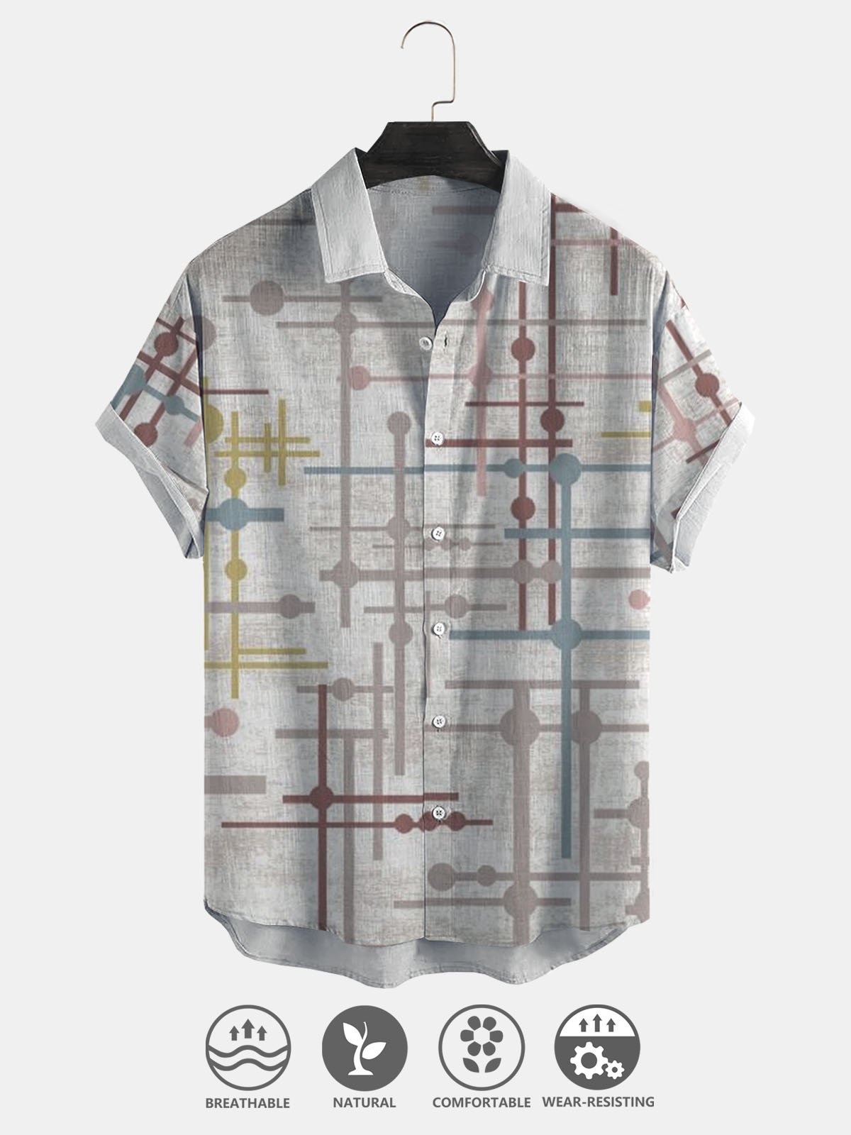 Cotton Linen Geometric Print Casual Short Sleeve Shirt