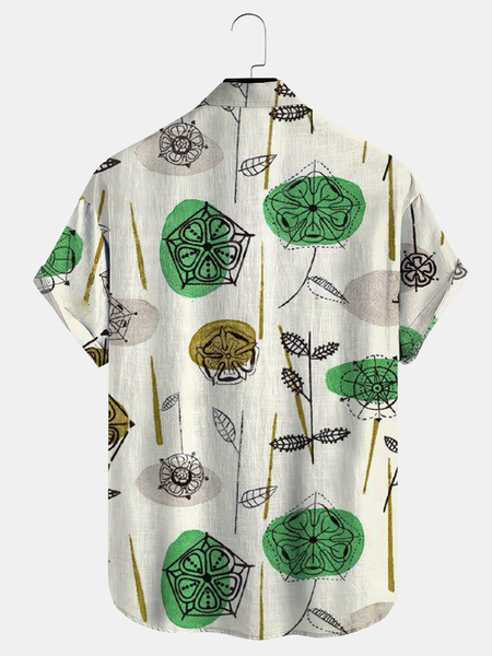 Cotton and linen botanical floral print lapel comfortable linen shirt