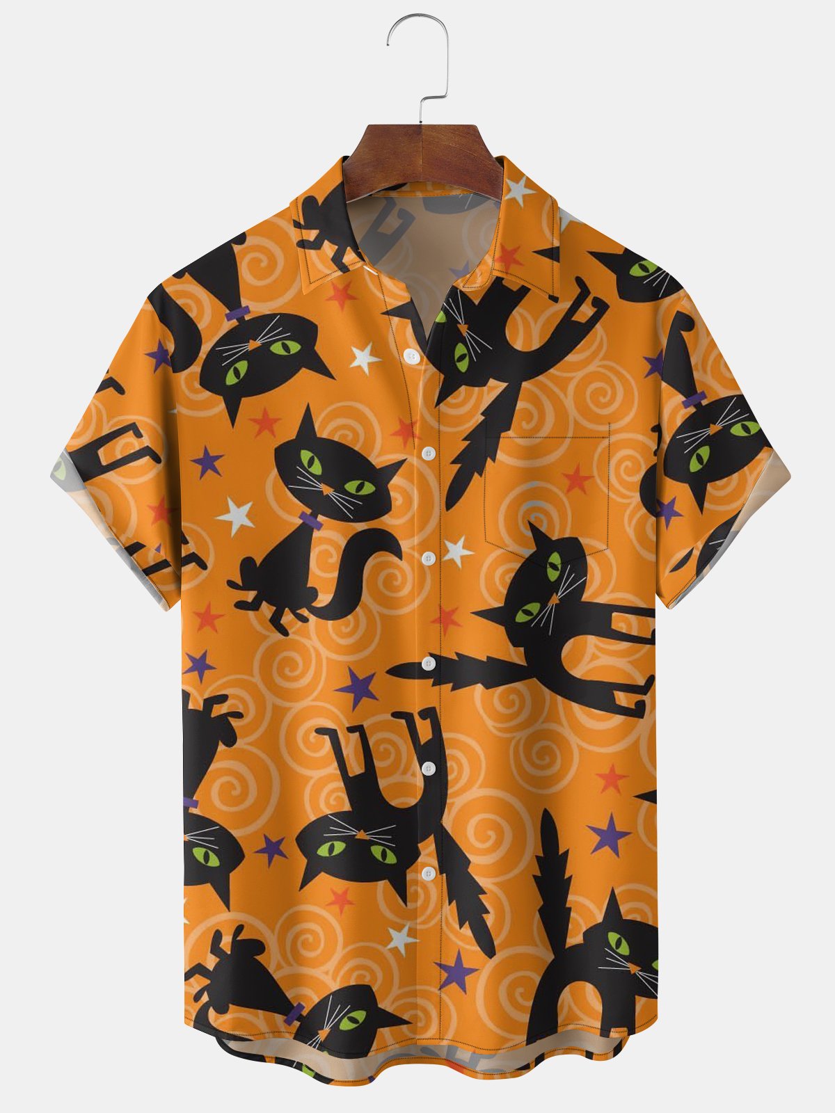 Mens Funky Halloween Cats Print Front Buttons Soft Breathable Chest Pocket Casual Aloha Shirts
