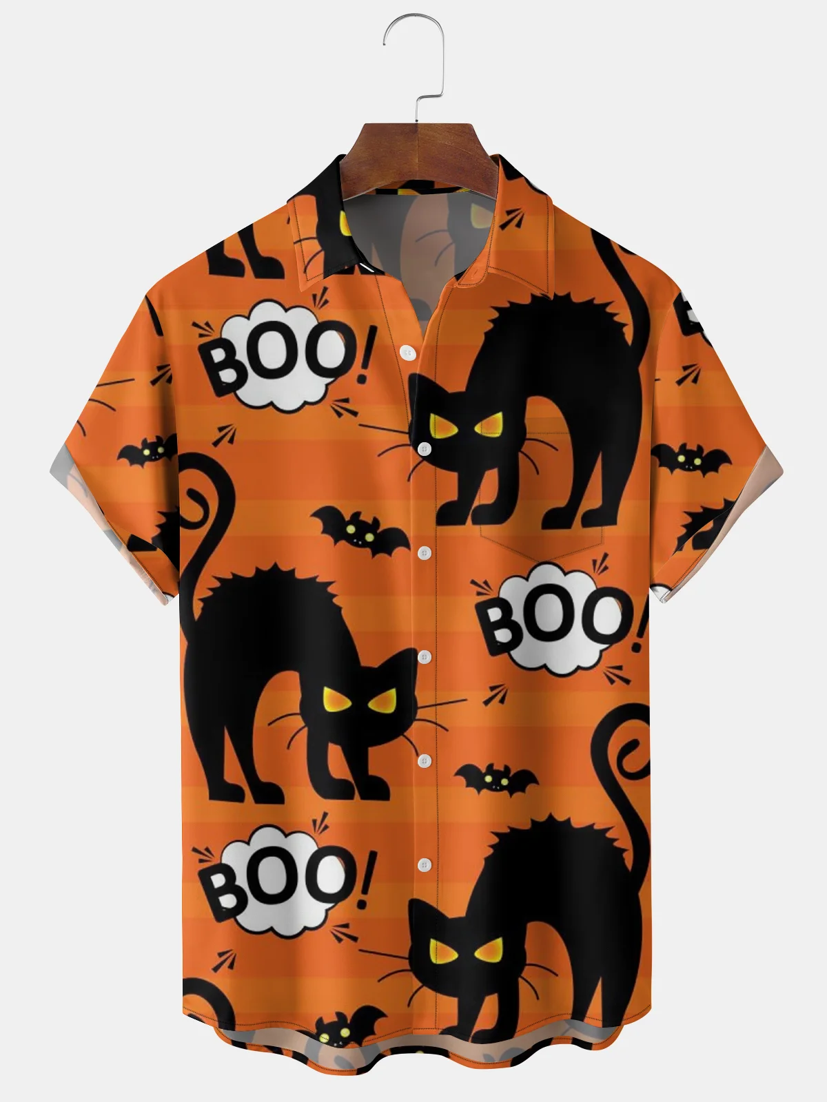 Mens Funky Halloween Cats Print Front Buttons Soft Breathable Chest Pocket Casual Hawaiian Shirts