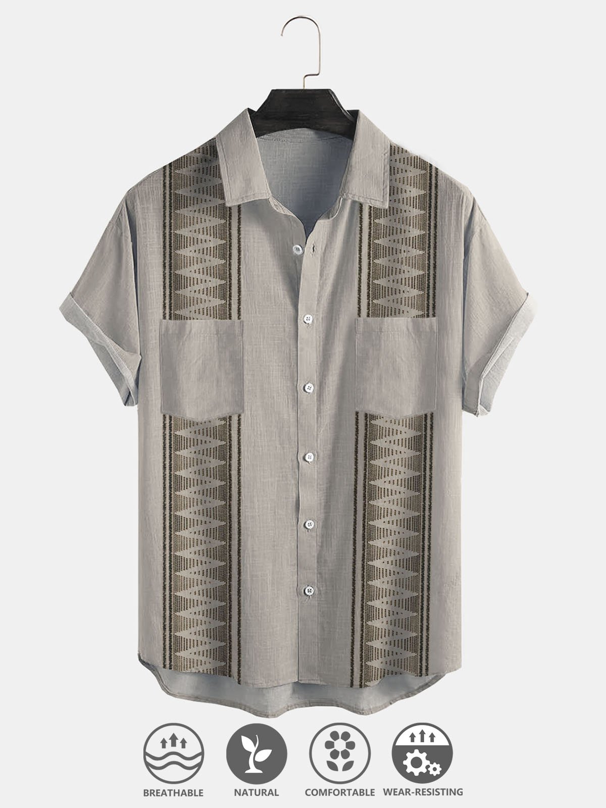 Cotton Linen Geometric Print Casual Short Sleeve Shirt