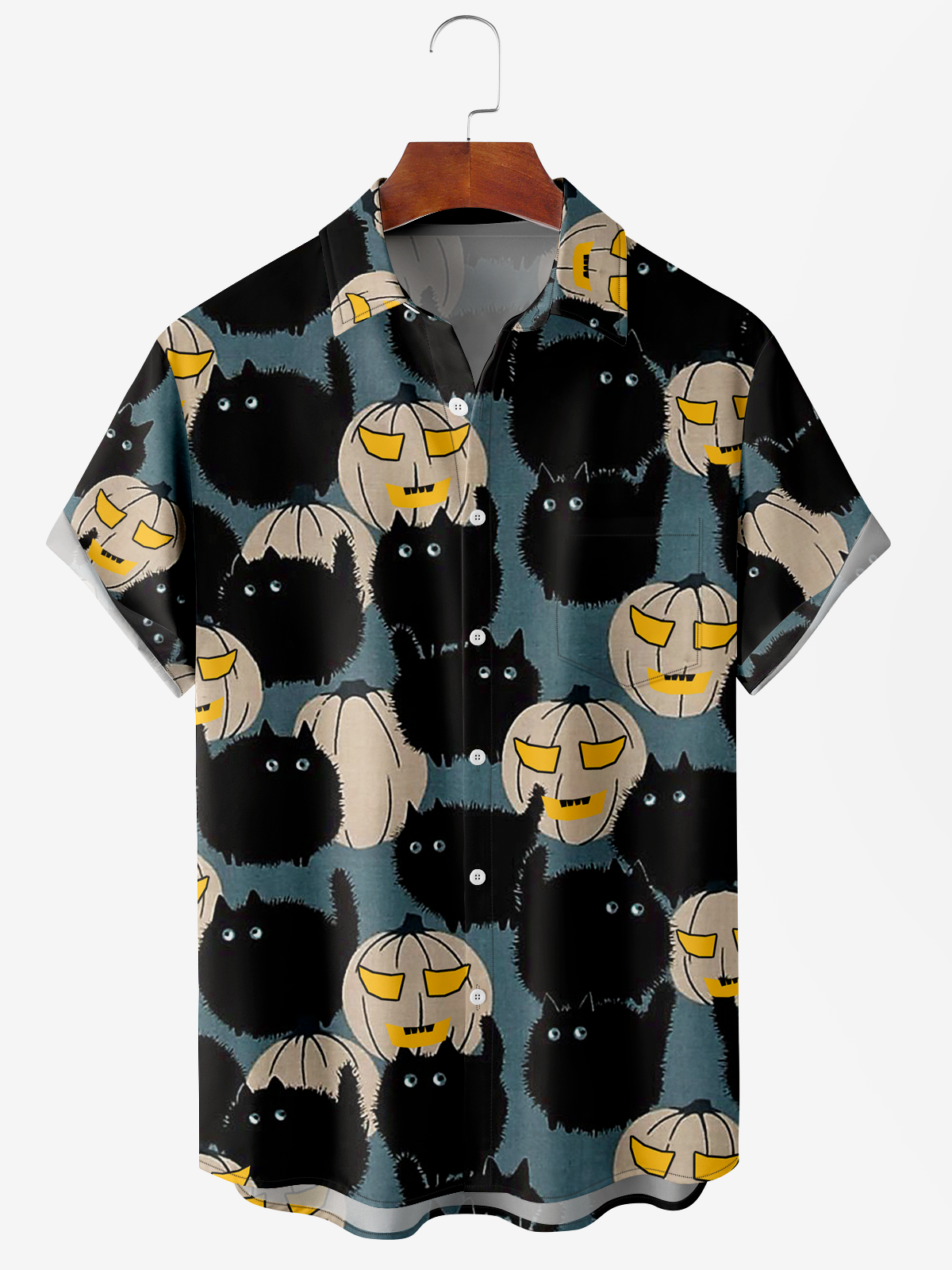 Men's Pumpkin Cat Print Wrinkle Resistant Moisture Wicking Fabric Lapel Short Sleeve Hawaiian Shirt