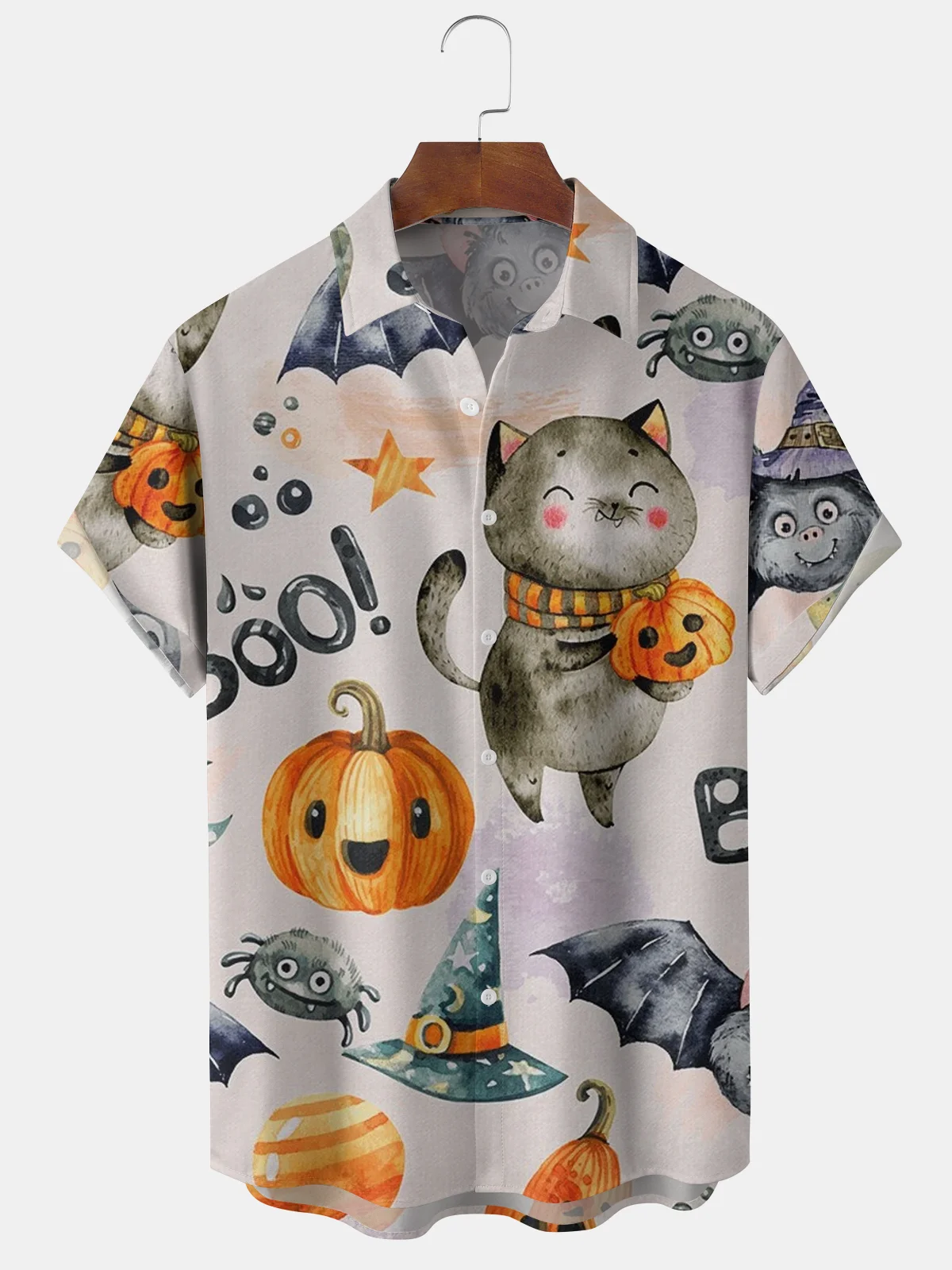 Mens Funky Halloween Print Front Buttons Soft Breathable Chest Pocket Casual Aloha Shirts