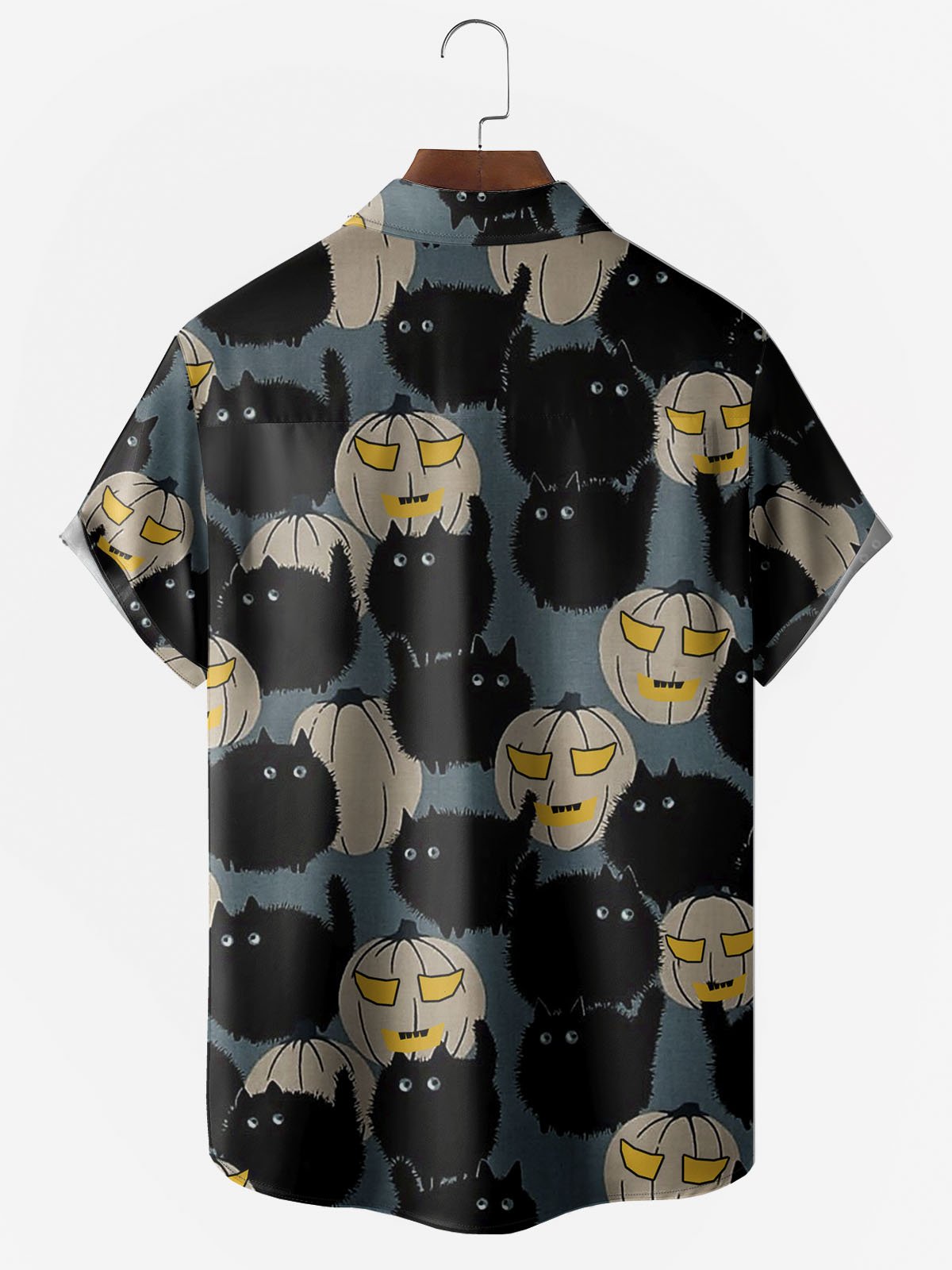 Men's Pumpkin Cat Print Wrinkle Resistant Moisture Wicking Fabric Lapel Short Sleeve Hawaiian Shirt