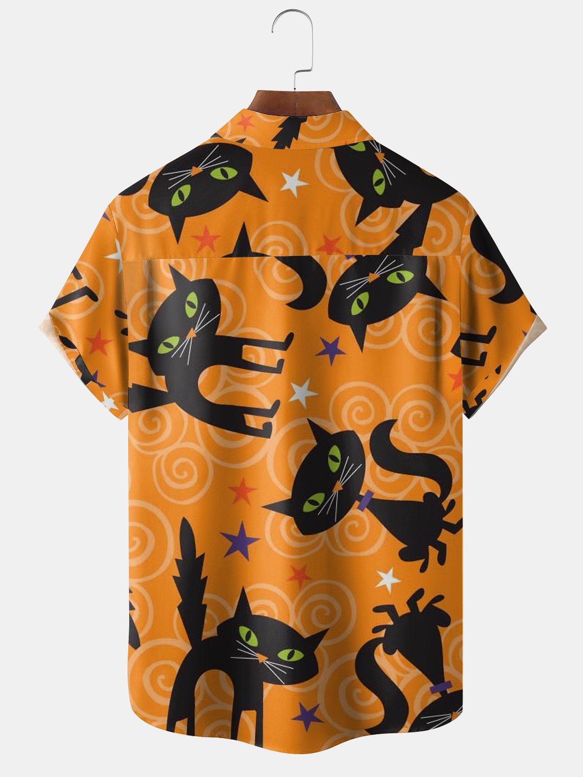 Mens Funky Halloween Cats Print Front Buttons Soft Breathable Chest Pocket Casual Aloha Shirts