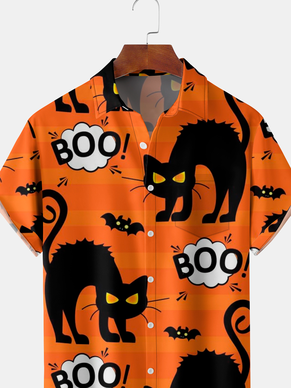 Mens Funky Halloween Cats Print Front Buttons Soft Breathable Chest Pocket Casual Hawaiian Shirts