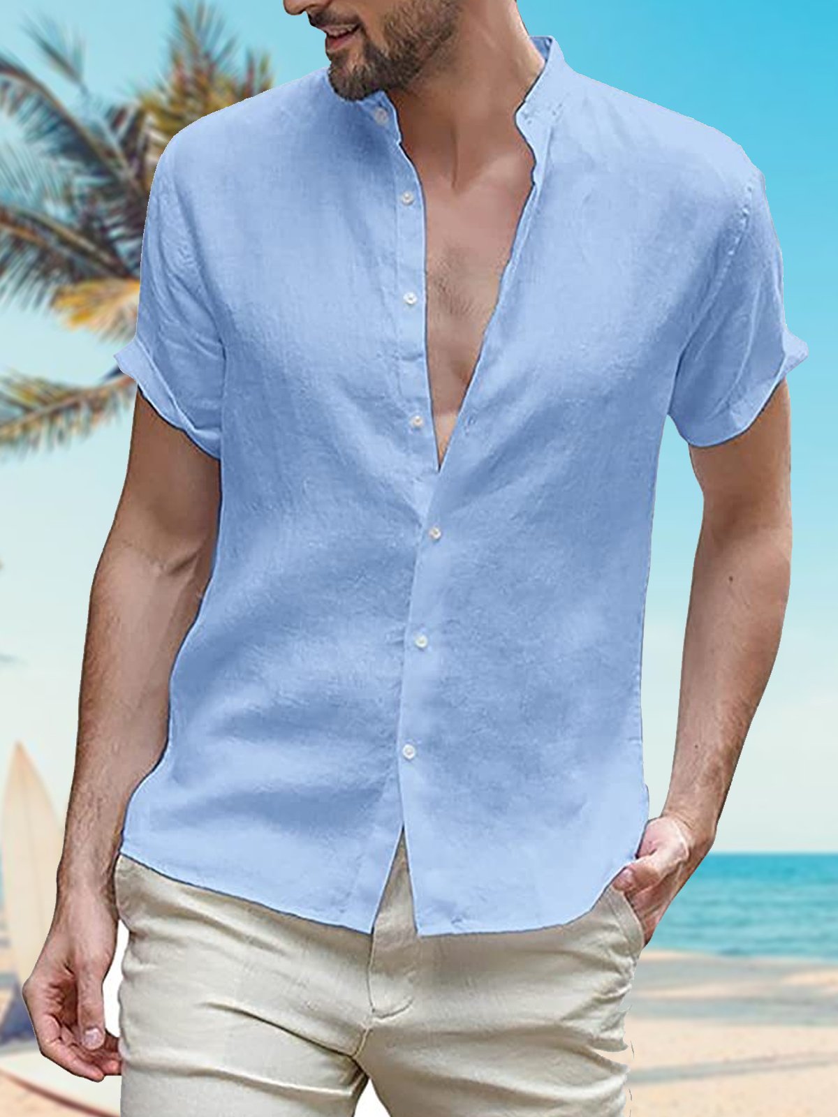 Men's Plain Lapel Cotton Linen Short Sleeve Henley Shirt