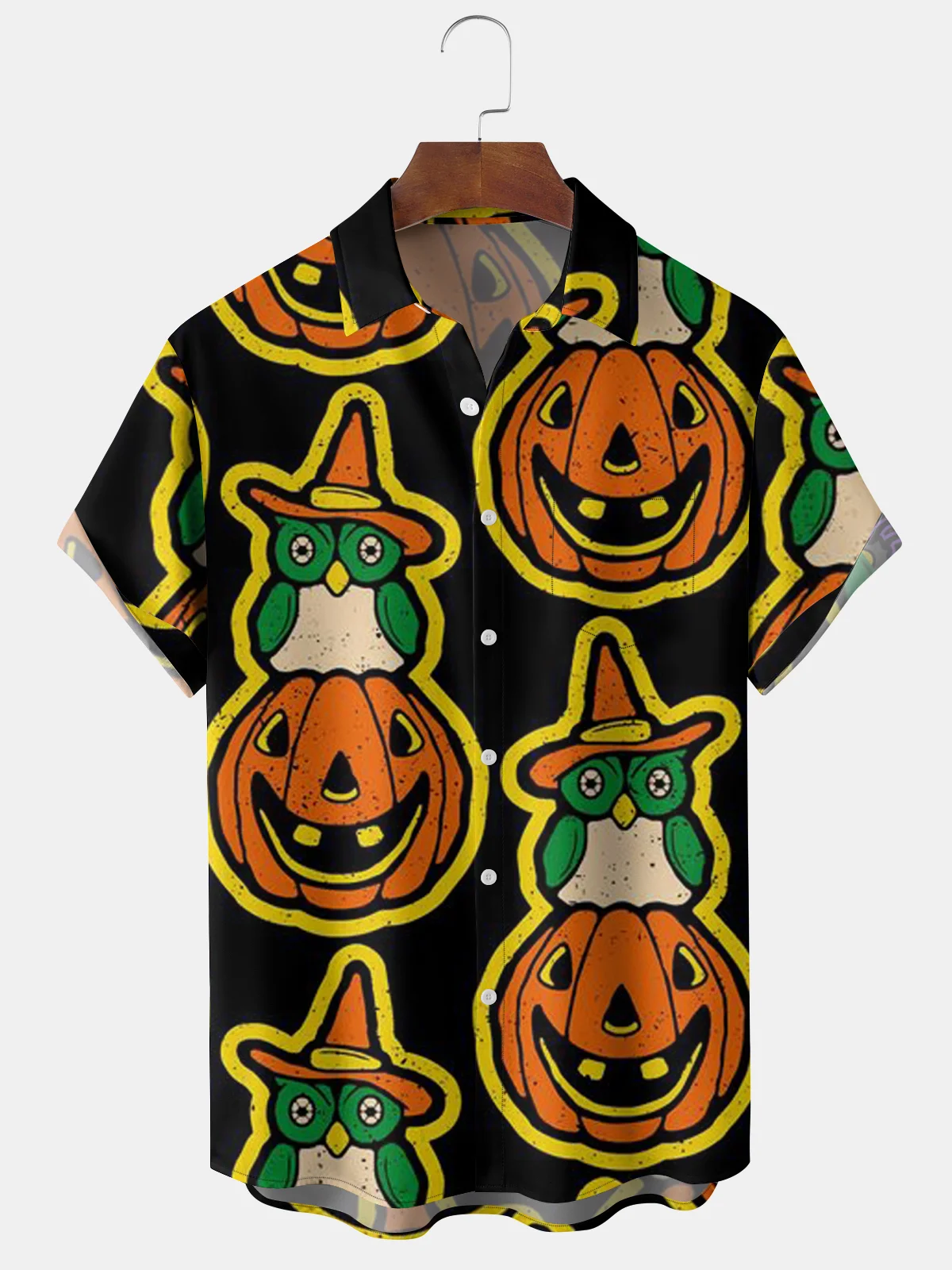 Mens Funky Halloween Pumpkin Print Front Buttons Soft Breathable Chest Pocket Casual Hawaiian Shirts