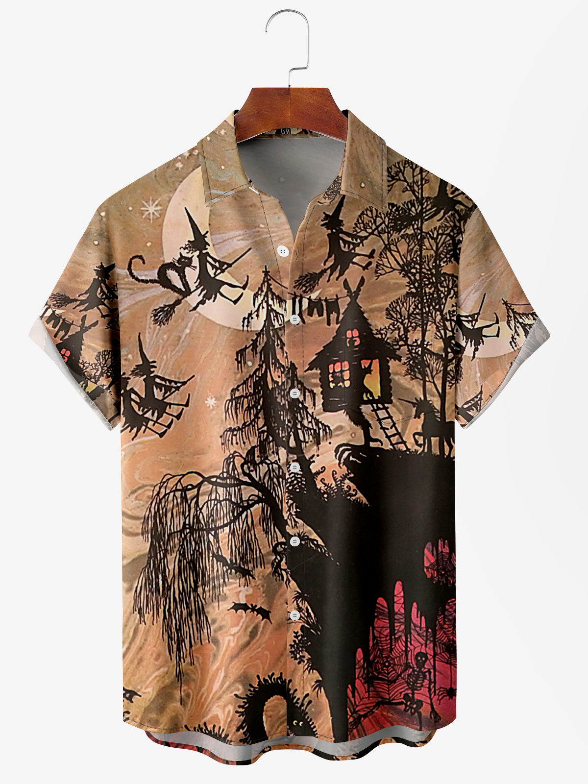 Men's Halloween Print Anti-Wrinkle Moisture Wicking Fabric Fashion Hawaiian Lapel Short Sleeve Shirts