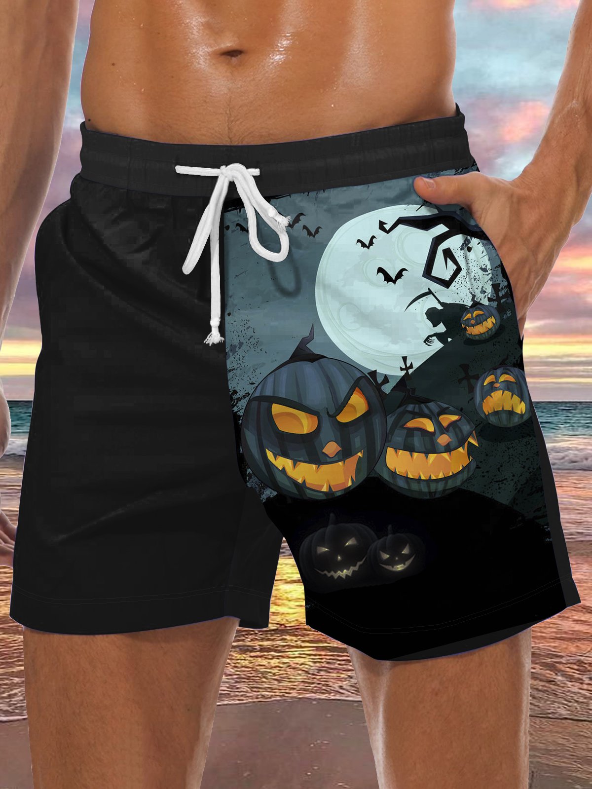 Men's Halloween Pumpkin Element Graphic Print Casual Vacation Beach Shorts