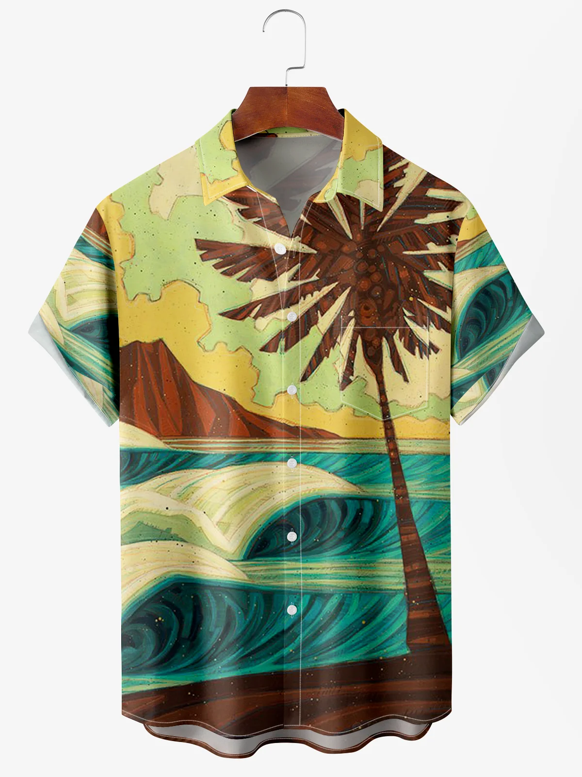 Men's Ocean Coconut Print Anti-Wrinkle Moisture Wicking Fabric Fashion Hawaiian Lapel Short Sleeve Shirts