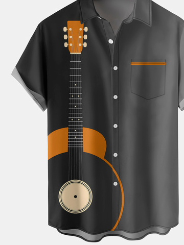 Men's Musical Guitar Element Graphic Print Short Sleeve Shirt