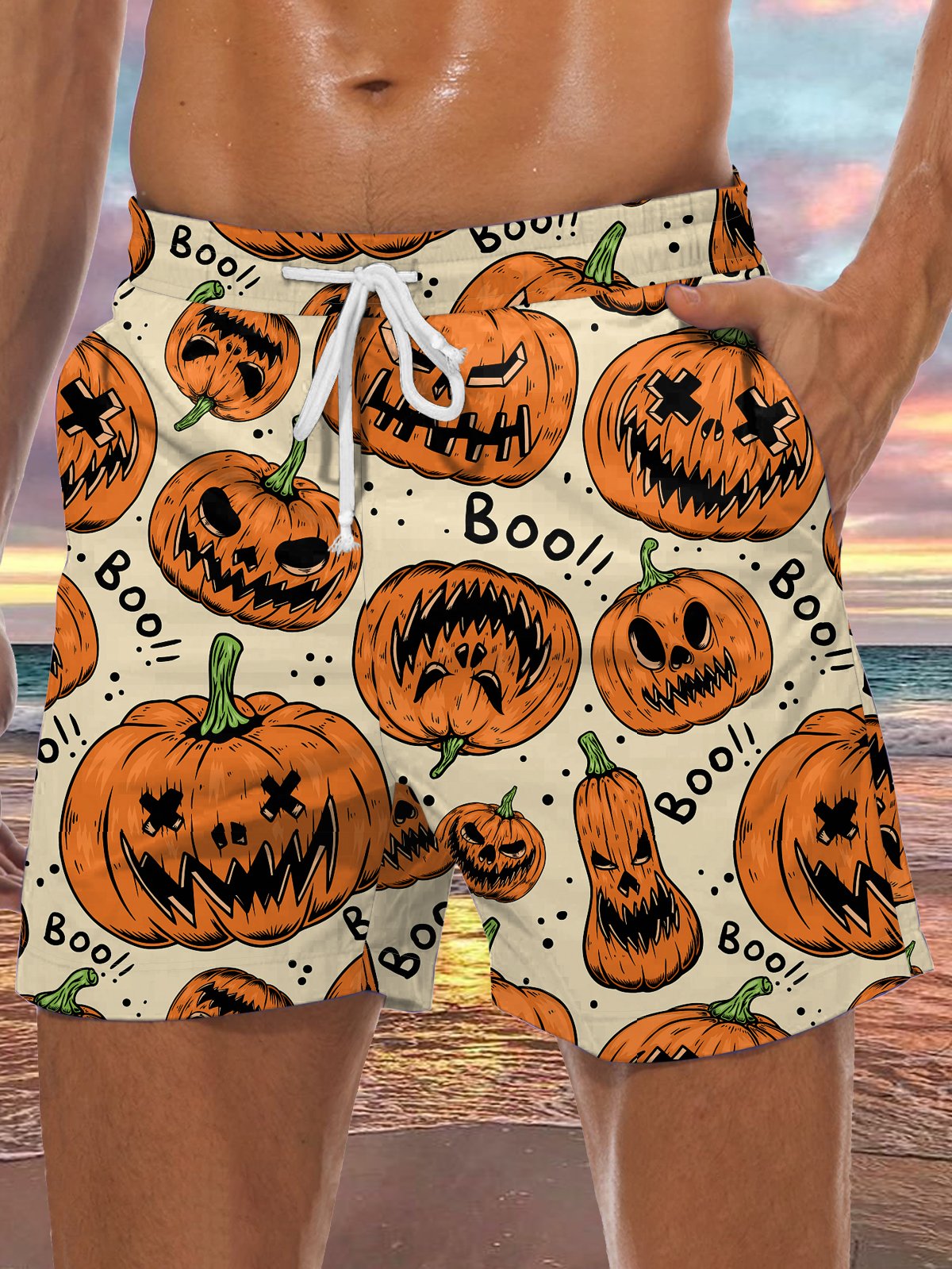 Men's Halloween Pumpkin Element Graphic Print Casual Vacation Beach Shorts