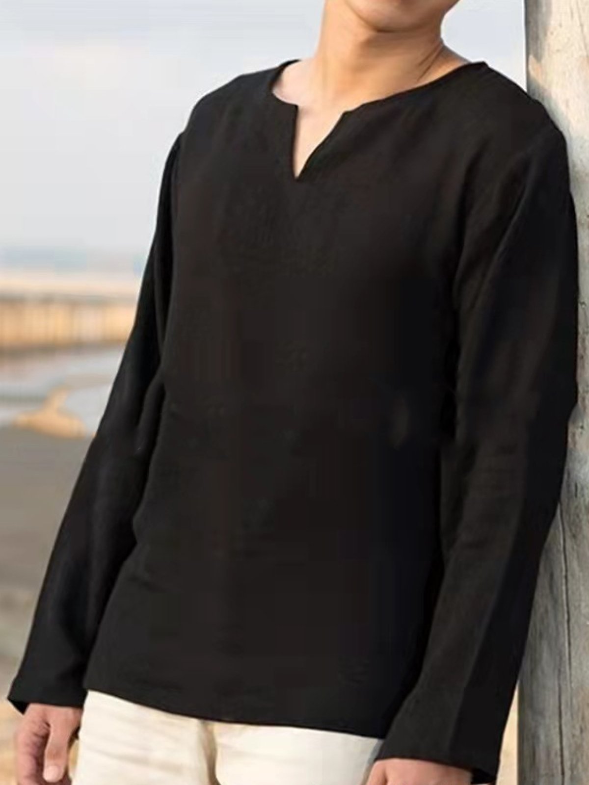 Men's Cotton Comfortable Casual Solid Color Pullover Long Sleeve