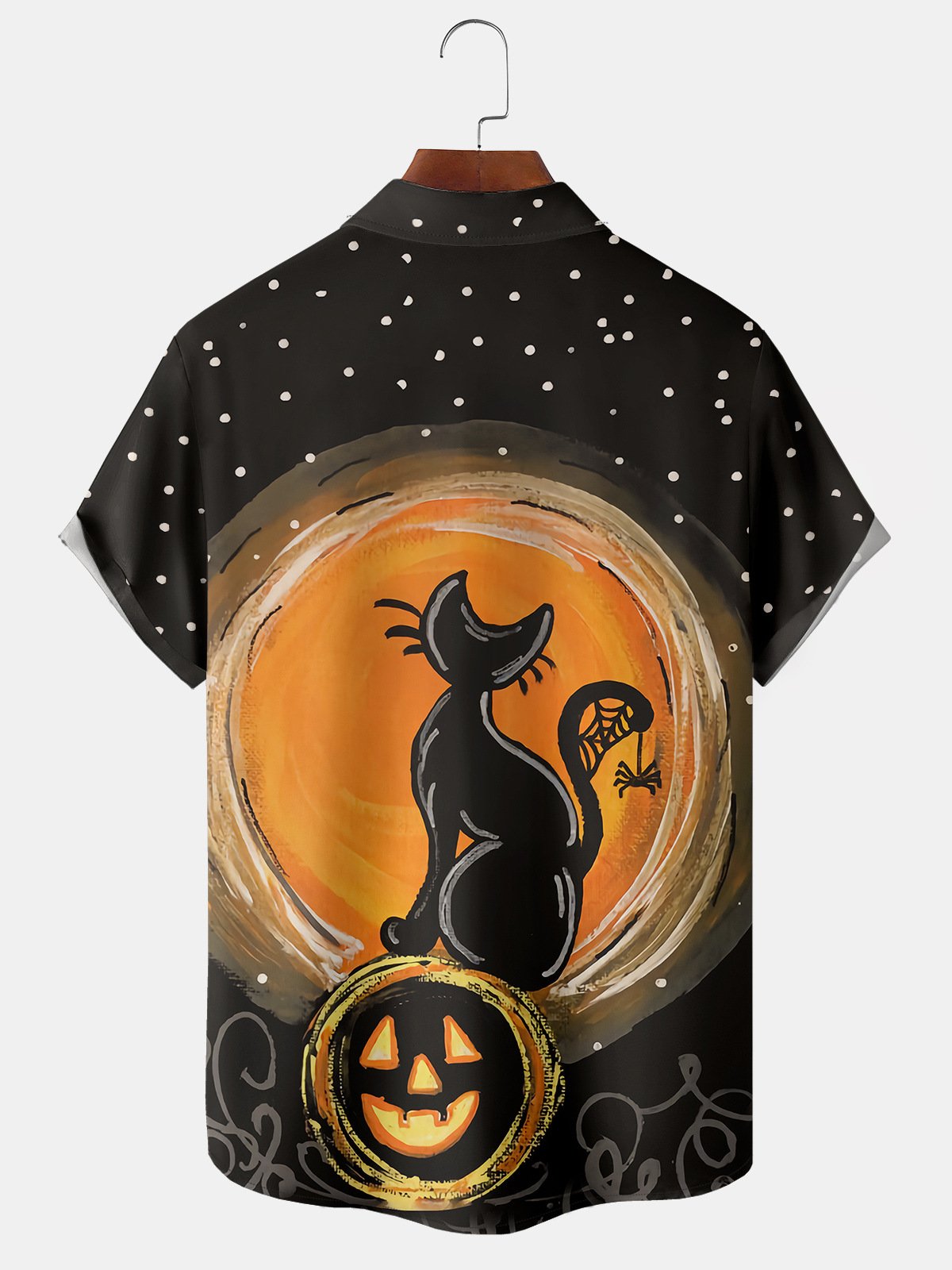 Casual Festive Collection Gradient Halloween Cat and Spider Pumpkin Element Pattern Lapel Short Sleeve Shirt Print Top