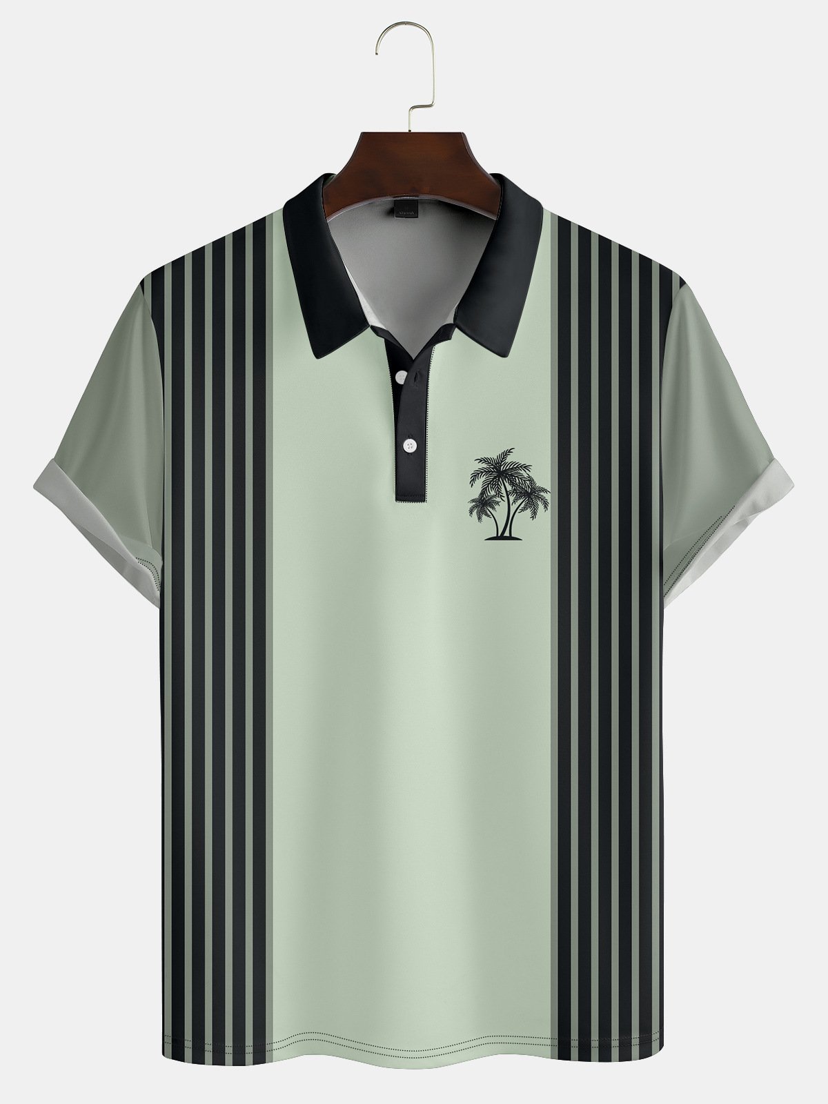 Resort Style Hawaiian Series Geometric Striped Plant Coconut Tree Element Pattern Lapel Short-Sleeved Polo Print Top