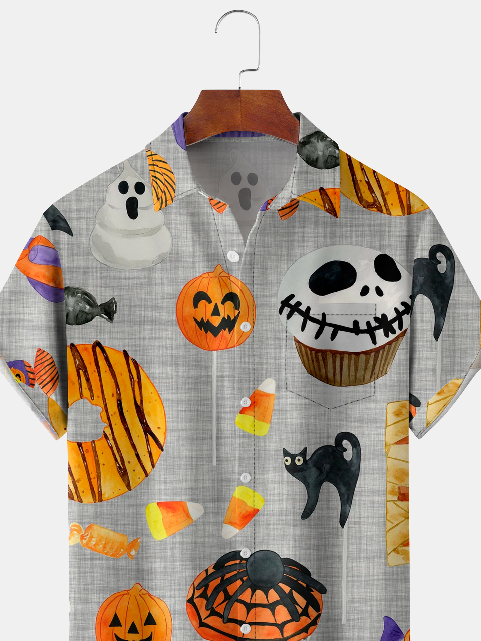Mens Retro Halloween Print Front Buttons Soft Breathable Chest Pocket Casual Hawaiian Shirts