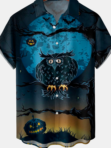 Men's Halloween Print Short Sleeve Hawaiian Shirt with Chest Pocket