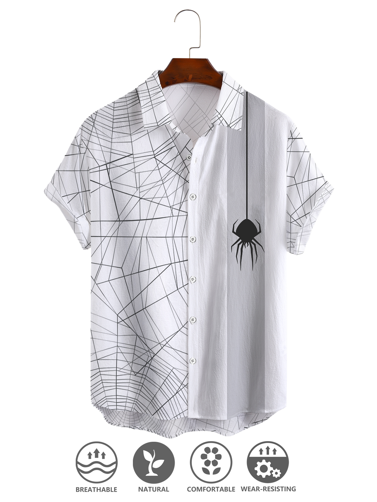 Cotton Linen Style Halloween Spider Web Print Men's Cotton Linen Short Sleeve Shirt