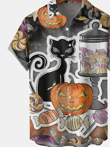 Men's Halloween Elements Cat Pumpkin Graphic Print Short Sleeve Shirt
