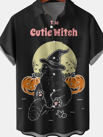 Men's Halloween Elements Cat Graphic Print Short Sleeve Shirt