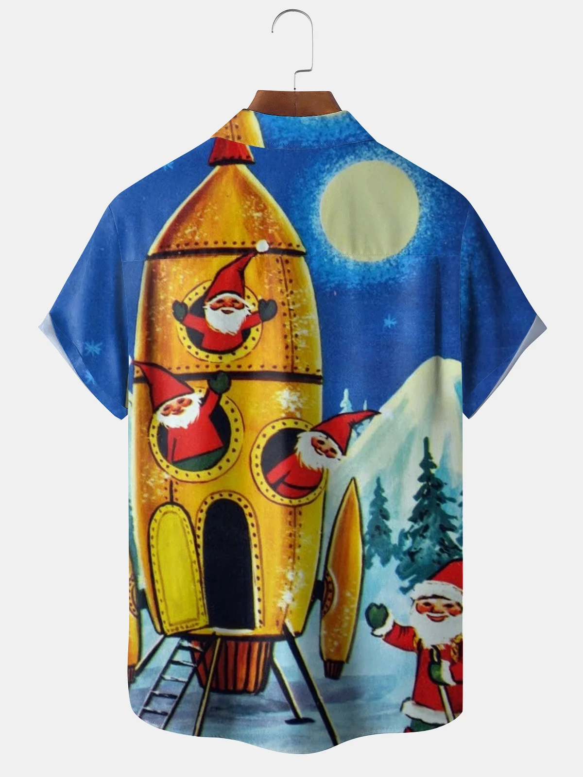 Mens Christmas Santa in Spaceship Print Front Buttons Soft Breathable Chest Pocket Casual Hawaiian Shirts