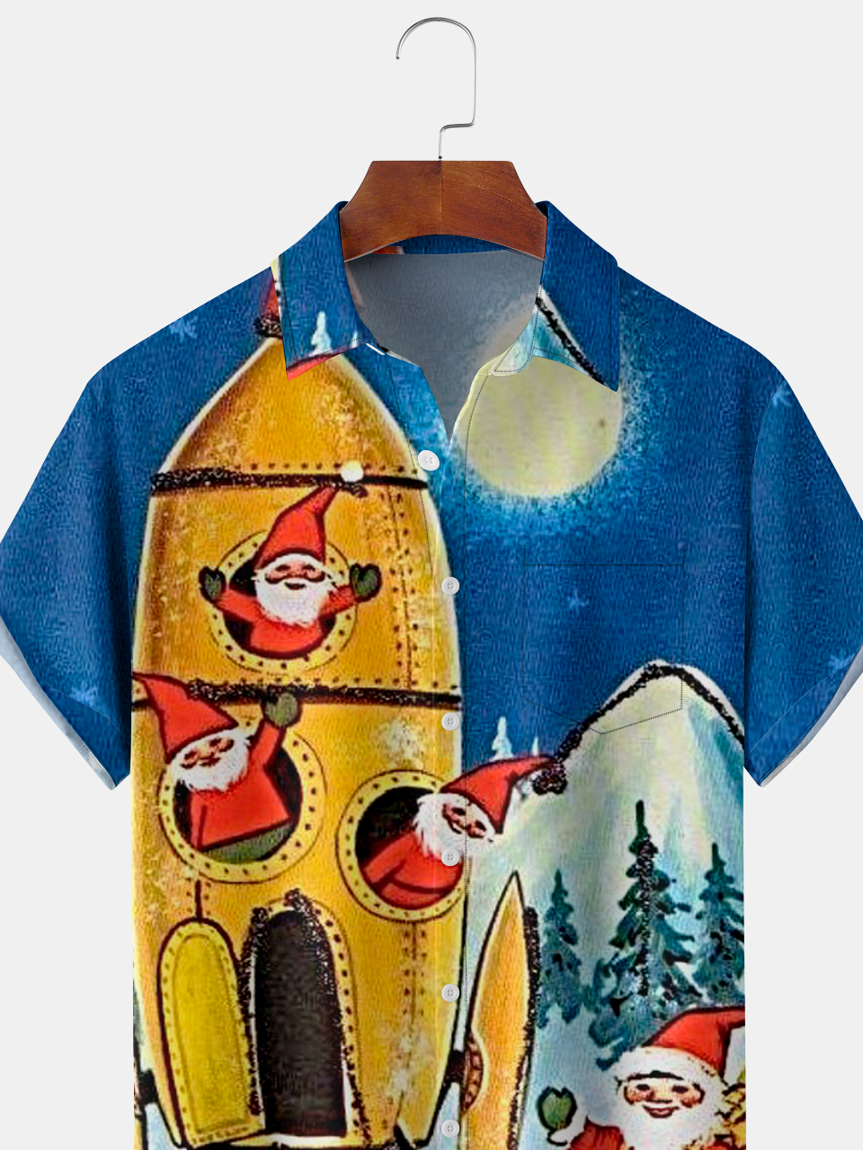 Mens Christmas Santa in Spaceship Print Front Buttons Soft Breathable Chest Pocket Casual Hawaiian Shirts
