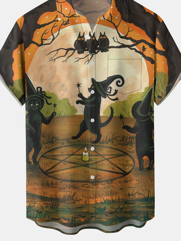 Men's Halloween Print Short Sleeve Hawaiian Shirt with Chest Pocket