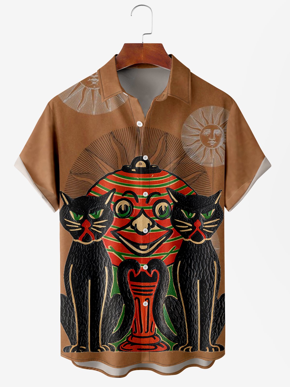 Men's Halloween Cat Print Moisture Wicking Fabric Fashion Lapel Short Sleeve Shirts