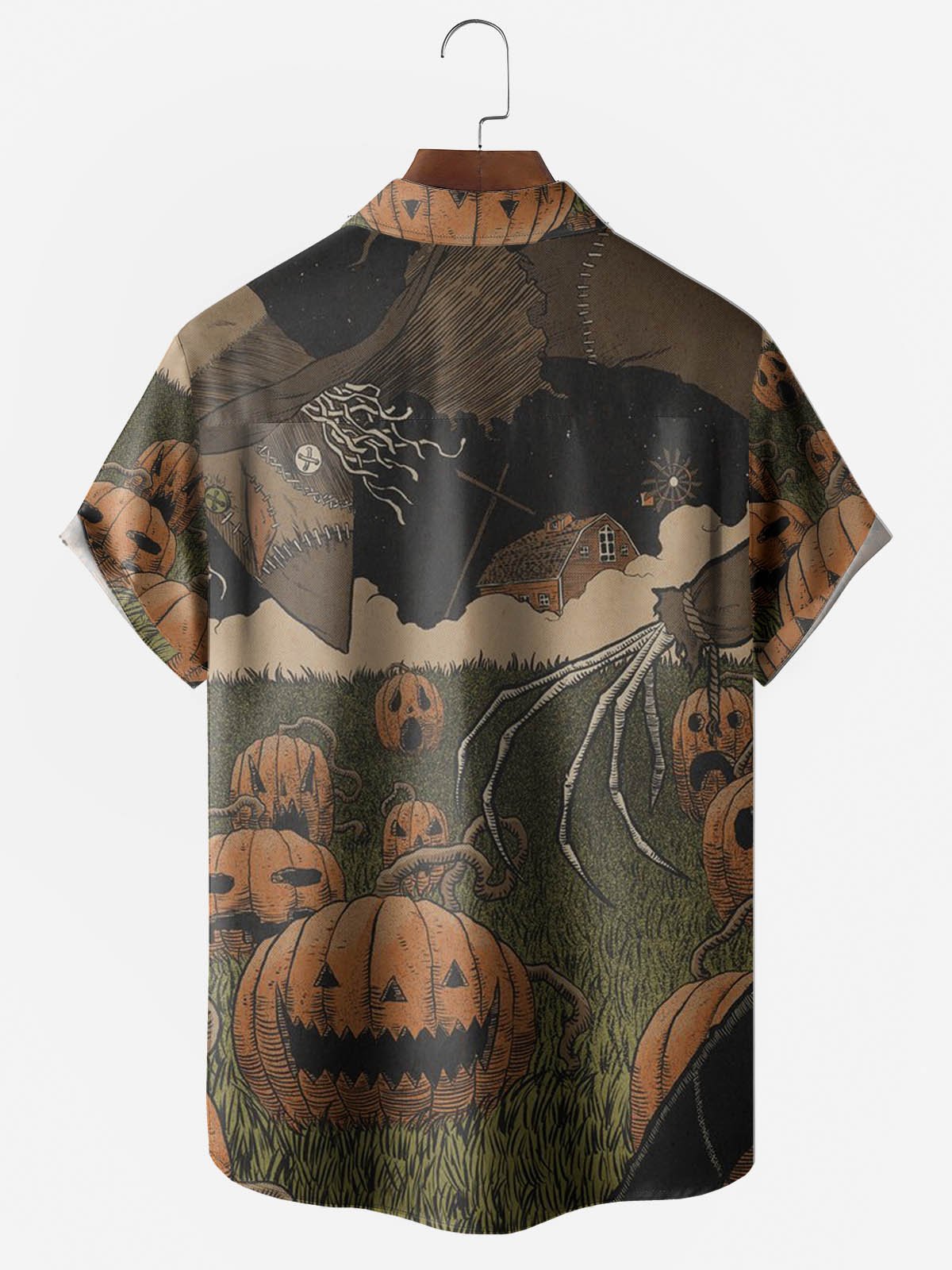 Men's Halloween Pumpkin Print Moisture Wicking Fabric Fashion Lapel Short Sleeve Shirts