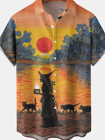 Men's Halloween Print Short Sleeve Hawaiian Shirt with Chest Pocket