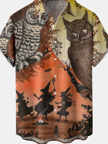 Men's Halloween Print Short Sleeve Hawaiian Shirt with Chest Pocket