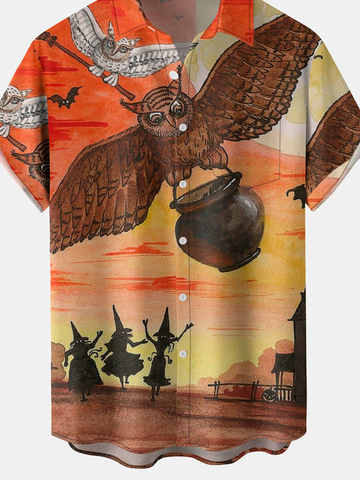 Men's Halloween Print Short Sleeve Hawaiian Shirt with Chest Pocket
