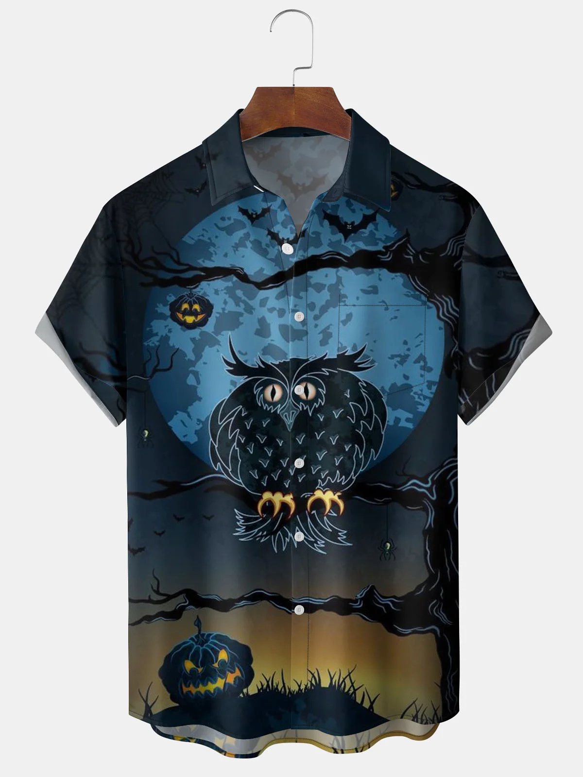 Men's Halloween Print Short Sleeve Hawaiian Shirt with Chest Pocket