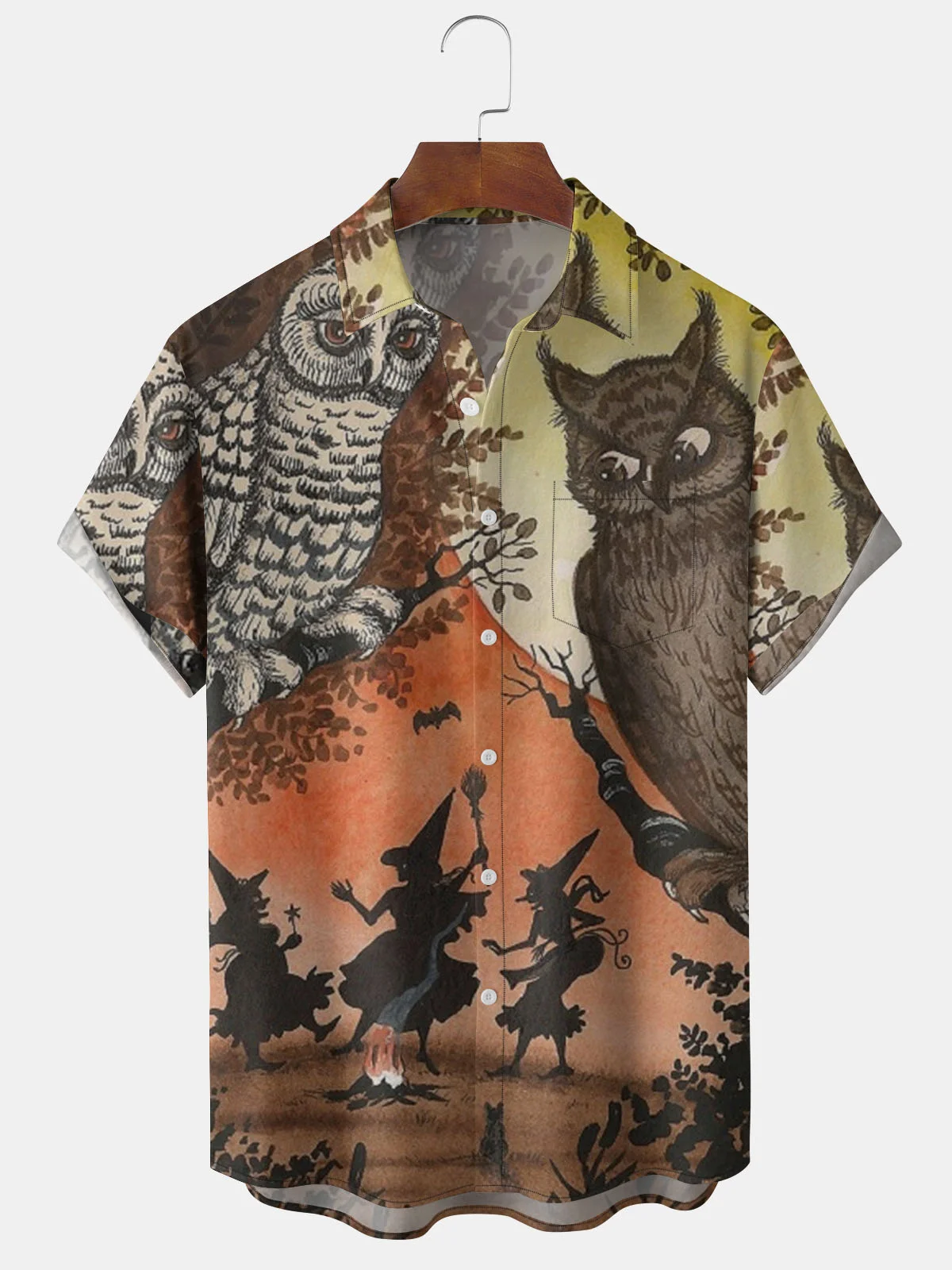 Men's Halloween Print Short Sleeve Hawaiian Shirt with Chest Pocket