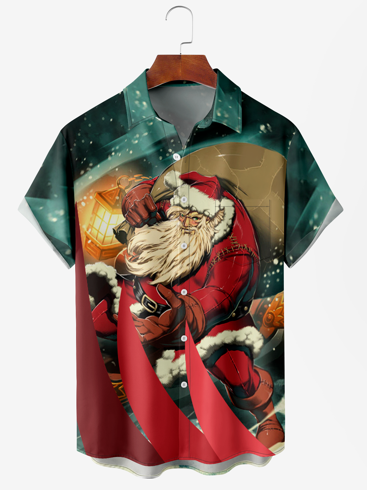 Men's Santa Print Moisture Wicking Fabric Fashion Lapel Short Sleeve Hawaiian Shirt