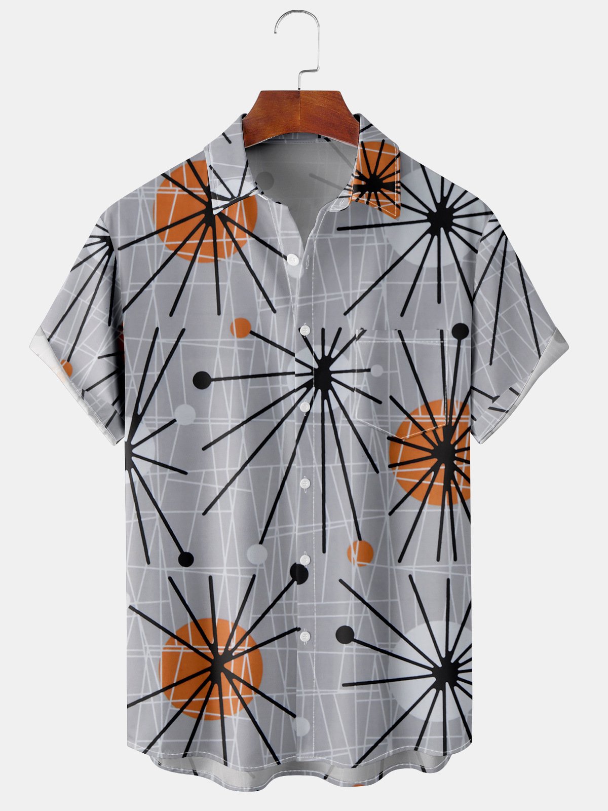 Mens Retro50s Geo Print Front Buttons Soft Breathable Chest Pocket Casual Hawaiian Shirts