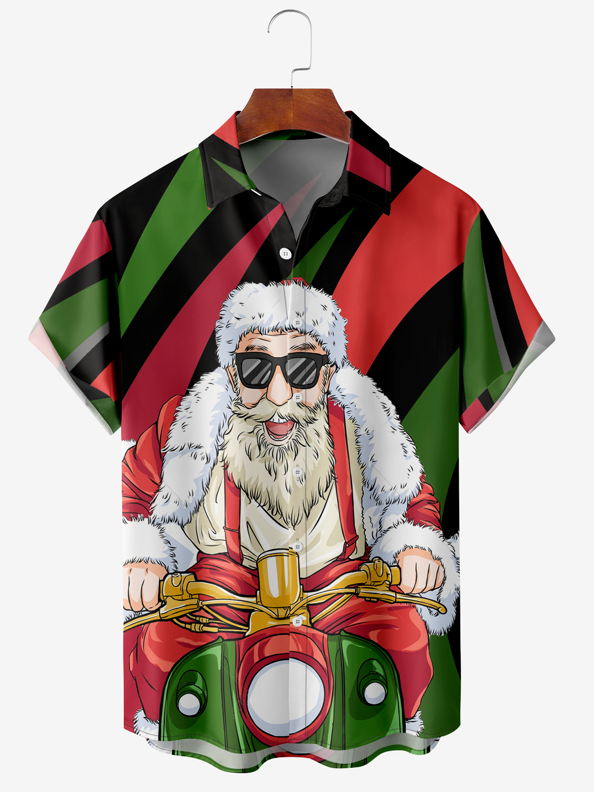 Men's Santa Print Moisture Wicking Fabric Fashion Lapel Short Sleeve Hawaiian Shirt