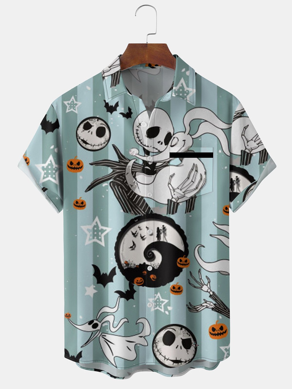 Mens Halloween Print Front Buttons Soft Breathable Chest Pocket Casual Hawaiian Shirts