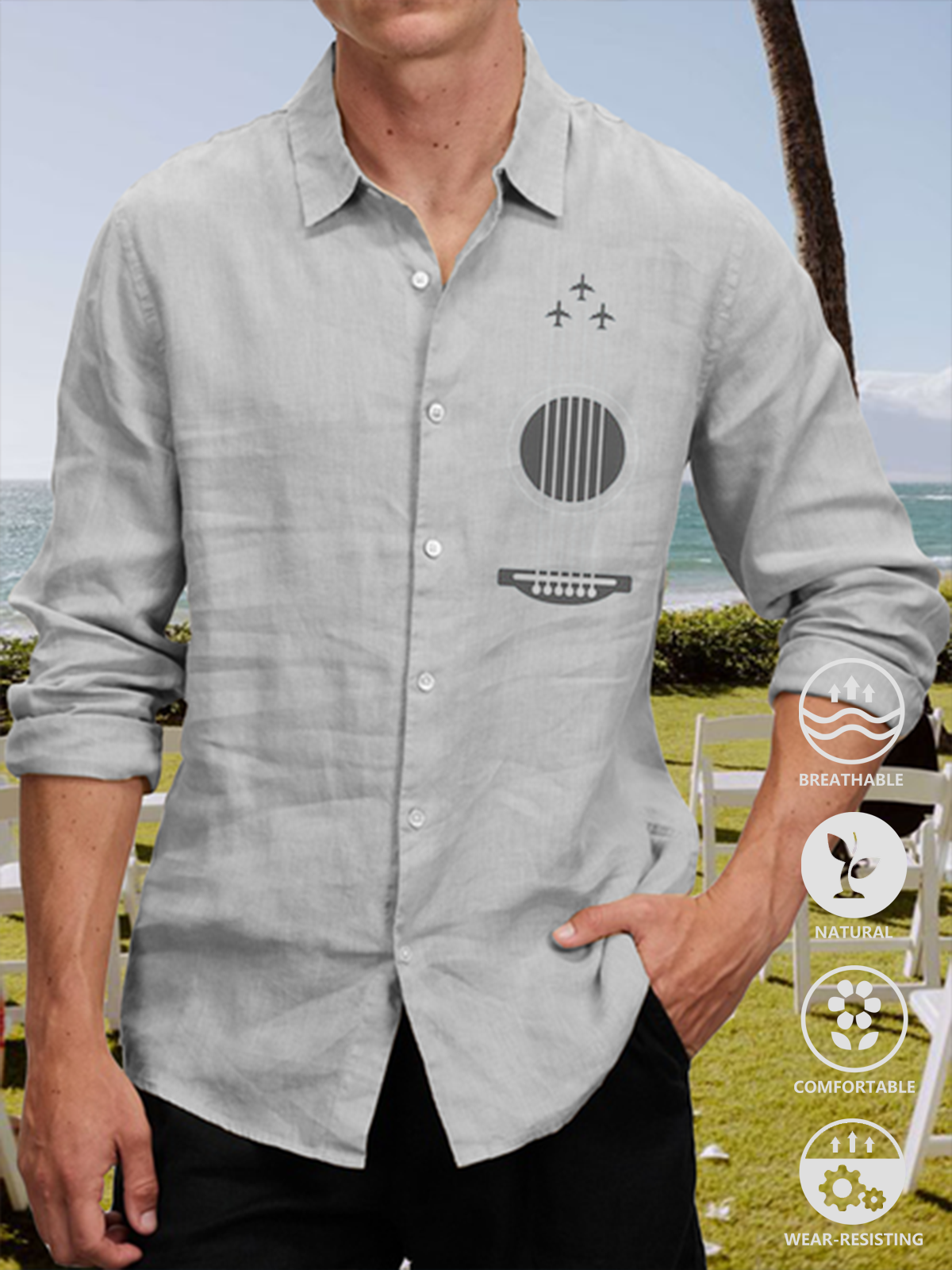 Cotton and linen net color based music guitar style leisure long-sleeved shirts