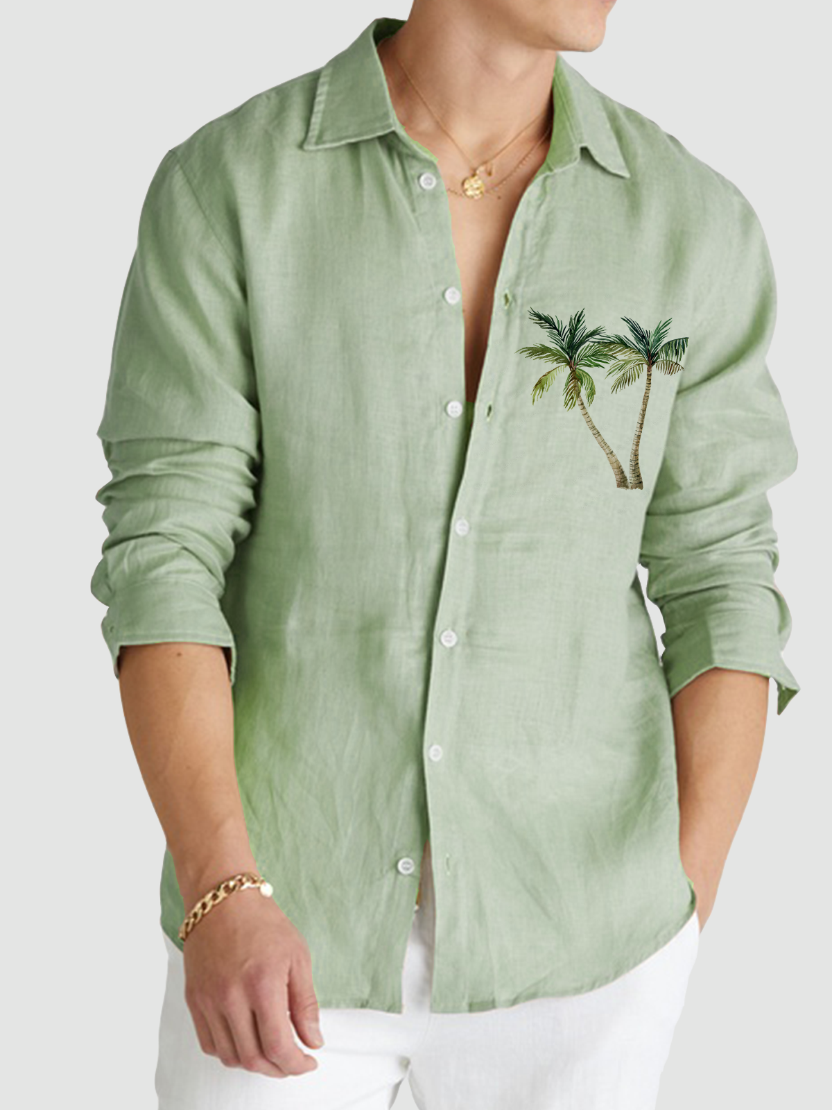 Cotton and linen style net color based leisure coconut long sleeve shirts