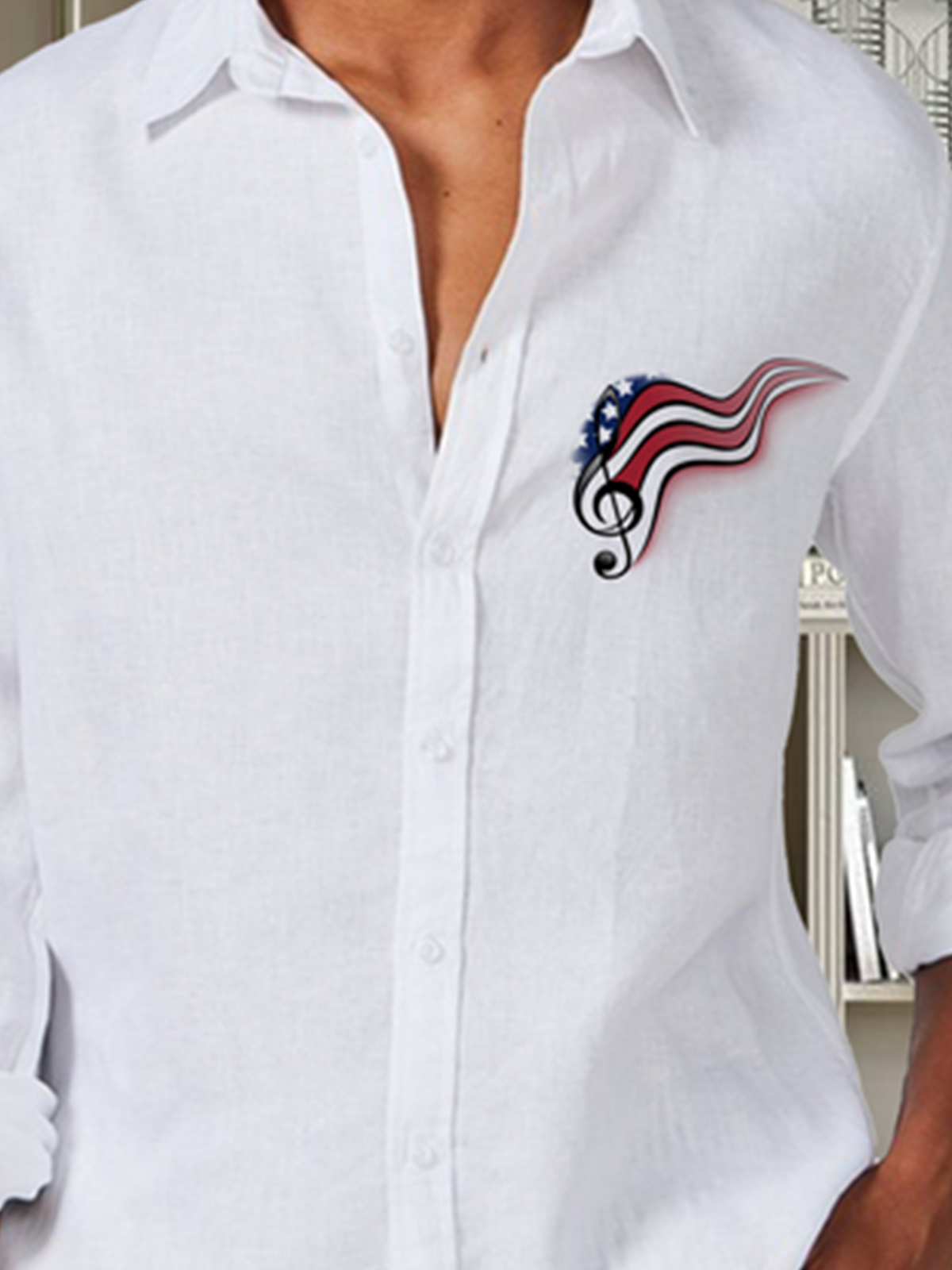 Cotton and linen net color based on the American flag style leisure long-sleeved shirt