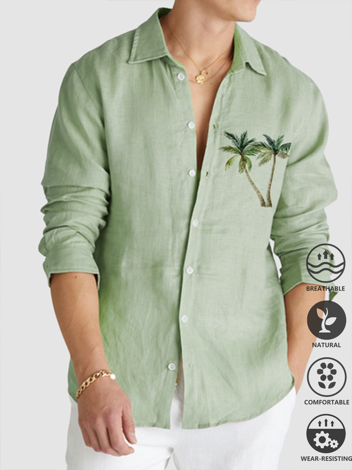 Cotton and linen style net color based leisure coconut long sleeve shirts