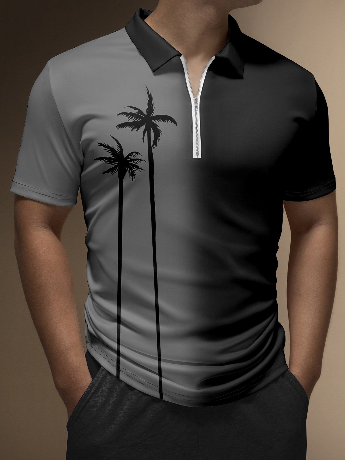 Resort Style Hawaii Series Gradient Color Plant Coconut Tree Element Pattern Lapel Short-Sleeved Polo Print Top