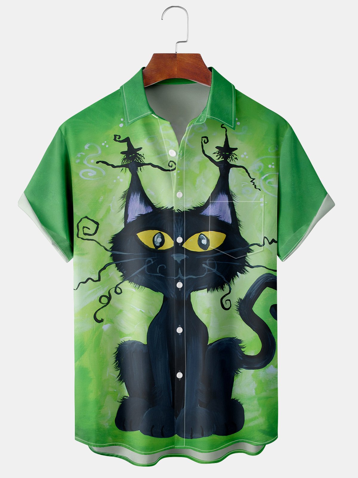 Men's Cat Print Casual Short Sleeve Shirt with Chest Pocket