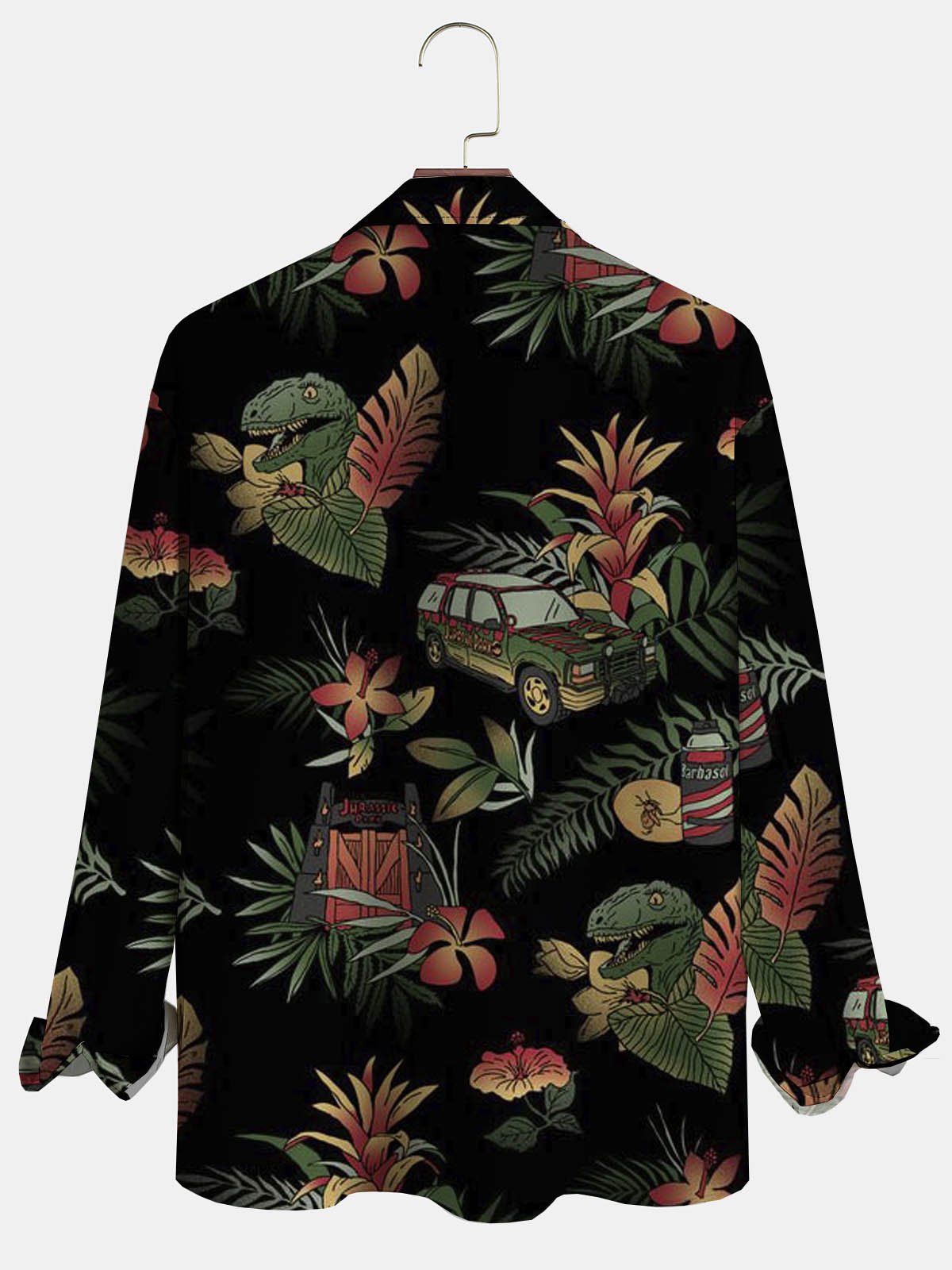 Men's Botanical Print Anti-Wrinkle Moisture Wicking Fabric Fashion Hawaiian Lapel Long Sleeve Shirts