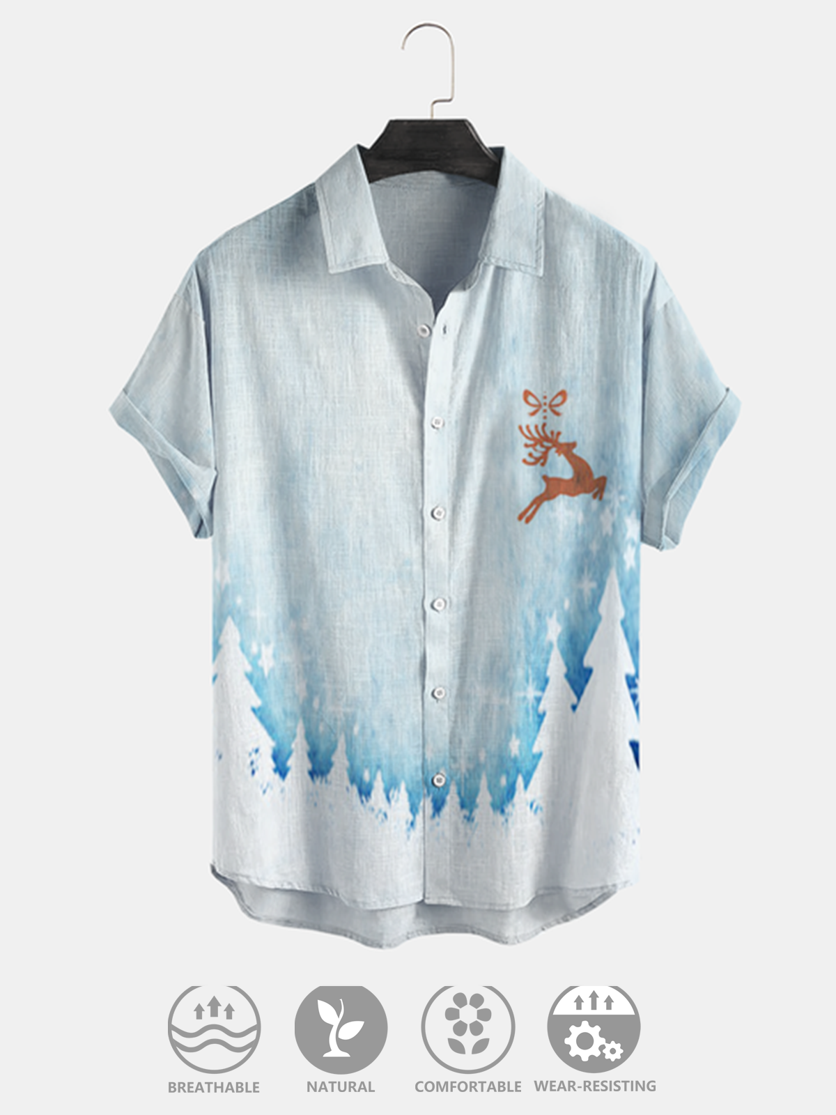 Printed cotton and linen style Christmas comfortable linen shirts with short sleeves