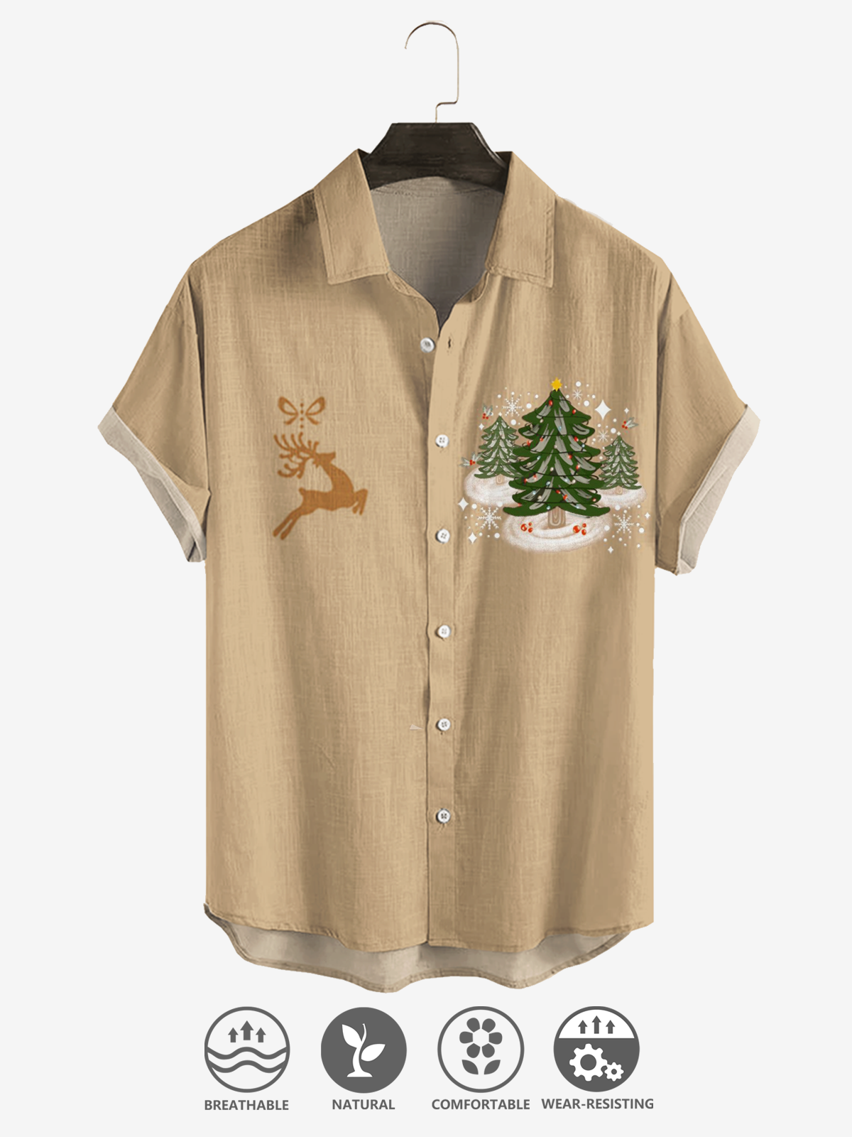 Printed cotton and linen style Christmas comfortable linen shirts with short sleeves